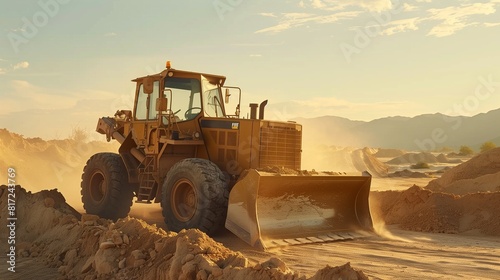 A bulldozer pushing mounds of earth, creating a level ground for the construction of a new roadway.