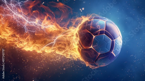soccer ball with flames and lightning flying on night sky, dark blue background