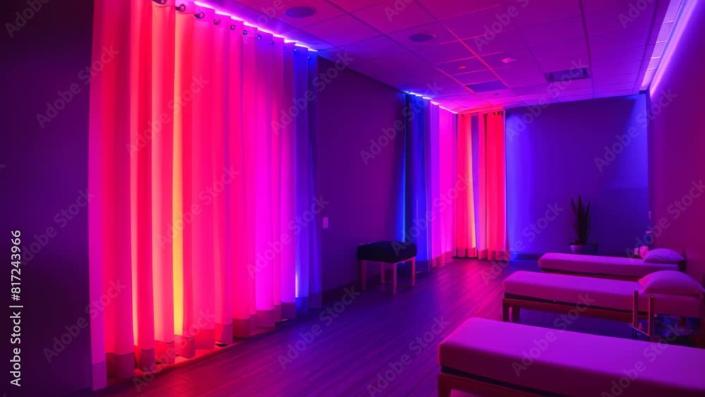 Numerous lights illuminate the room with a calming color-changing LED lighting system, A calming, color-changing LED lighting system to promote healing and relaxation