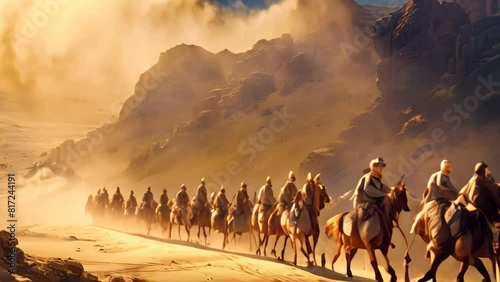Group of individuals riding on horses in a caravan formation while traveling across the desert, A caravan of traders making their way across the desert on camelback photo