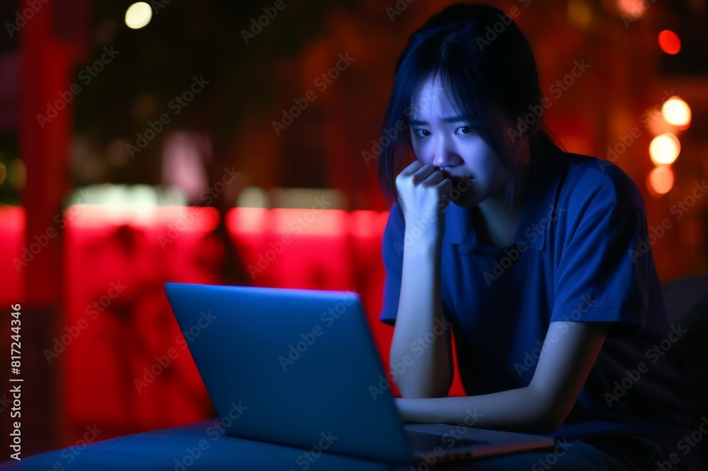 young Asian girl is crying alone with tears in front of her laptop late at night, portraying the anguish of being a victim of cyberbullying. The upset young Asian girl is crying alone with tears young Asian girl is crying alone with tears in front of her laptop late at night, portraying the anguish of being a victim of cyberbullying. The upset young Asian girl is crying alone with tears