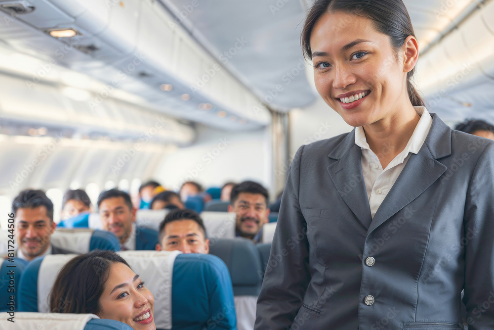 Asian woman stewardess smiling in a uniform is walking down the aisle of an airplane, smiling at the passengers and looks at the camera. Happy Asian flight attendants in the airplane Asian woman stewardess smiling in a uniform is walking down the aisle of an airplane, smiling at the passengers and looks at the camera. Happy Asian flight attendants in the airplane