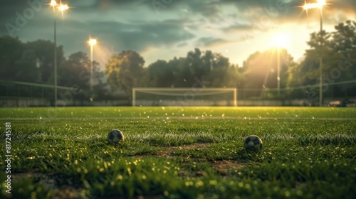 textured free soccer field in the evening light - center, midfield with the soccer ball photo