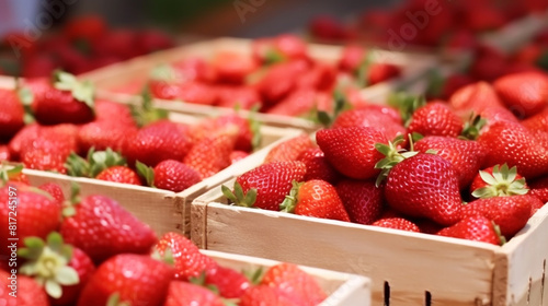 : ripe strawberries arranged on thin wooden box, showcased at a vibrant street food market, capturing the essence of summer and providing a tempting treat.