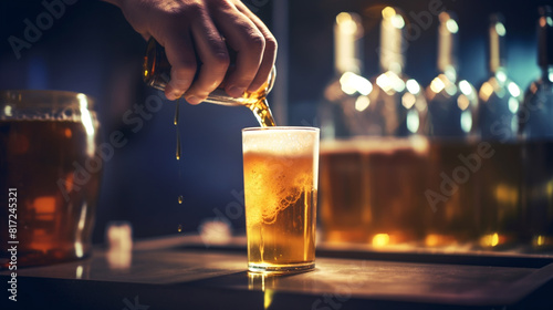 Glass of light beer on a dark pub.