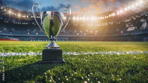 Trophy under stadium lights on a lush soccer field. Victory and sportsmanship concept. Generative AI