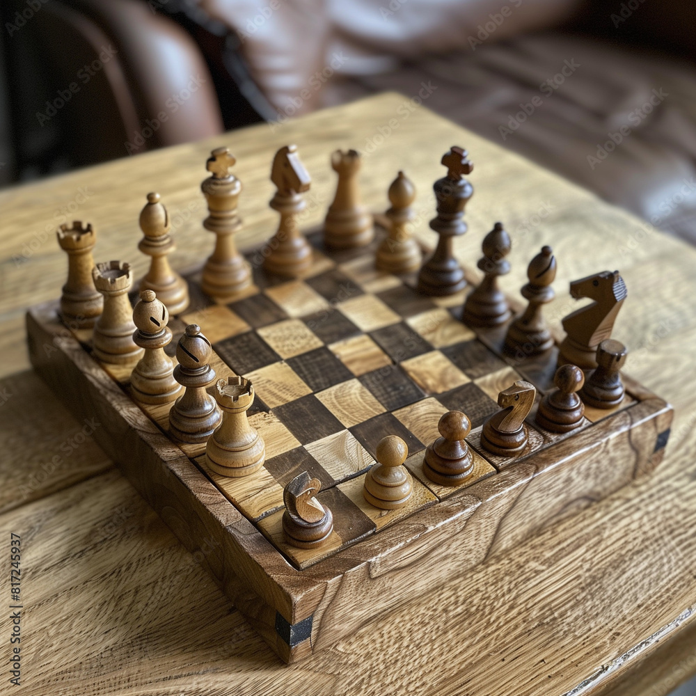 Game of Strategy: Traditional Alder Chessboard with Mismatched Wooden Pieces Game of Strategy: Traditional Alder Chessboard with Mismatched Wooden Pieces