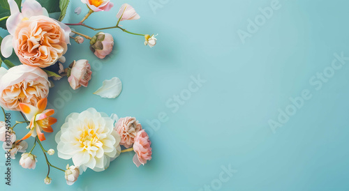 Creative layout made of various flowers. Flat lay delicate colors bouquet . 