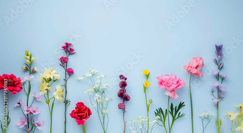 Creative layout made of various flowers. Flat lay delicate colors bouquet . 