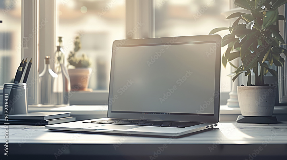 A mockup of a laptop on a desk, showing a blank screen for adding custom website or application designs. Generative AI.