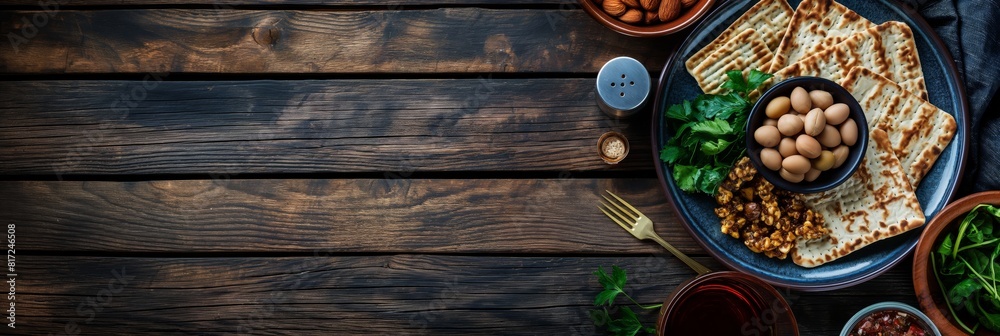 A plate of savory Mediterranean-style food with bread and herbs on a rustic wooden table A plate of savory Mediterranean-style food with bread and herbs on a rustic wooden table