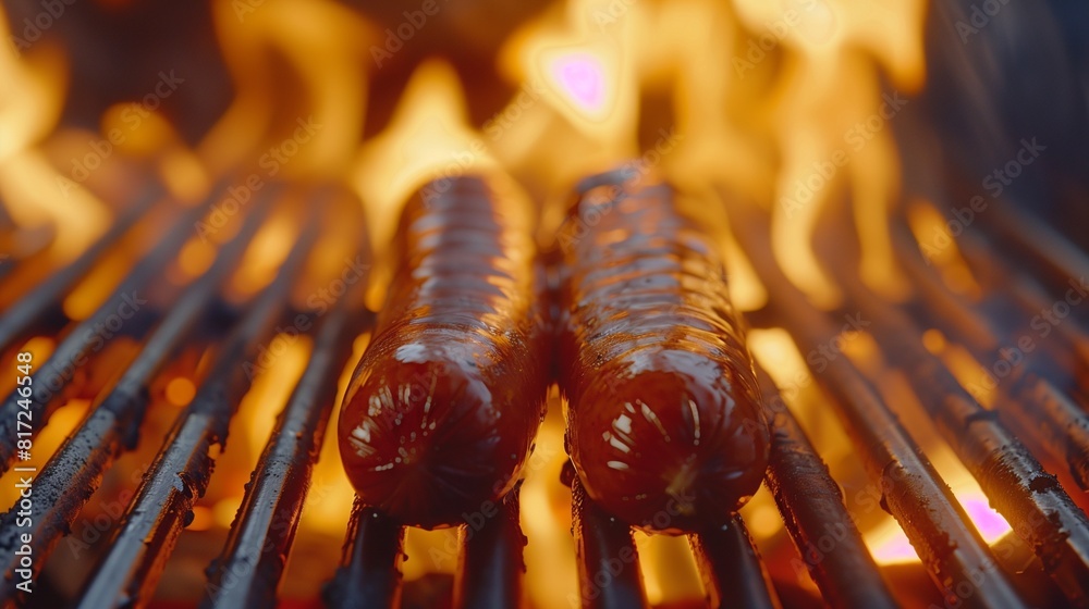 A close-up shot of a juicy hot dog being grilled on a barbecue, with plump and split open skin. A close-up shot of a juicy hot dog being grilled on a barbecue, with plump and split open skin.