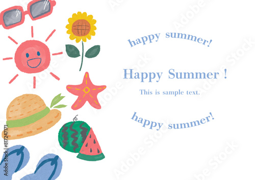 夏のポップフレーム素材_太陽、麦わら帽子、スイカのイラスト