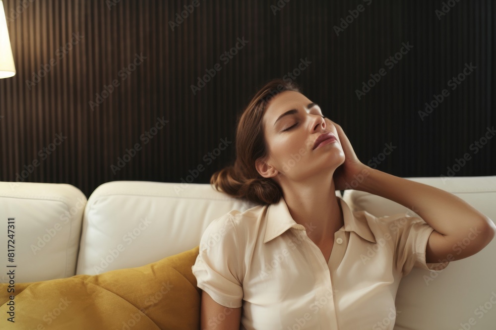 tired woman siting with eyes closed on sofa tired woman siting with eyes closed on sofa