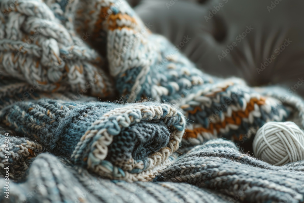 A knitted blanket with a ball of yarn on it A knitted blanket with a ball of yarn on it