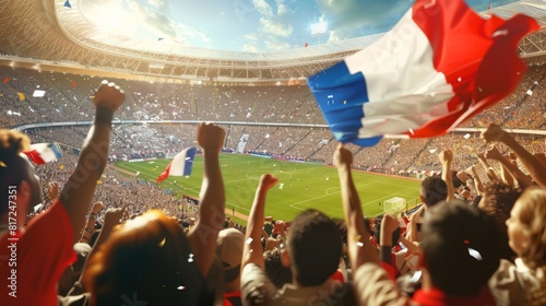 A crowd of people are cheering at a stadium, holding a French flag. Football fans or spectators at the championship photo