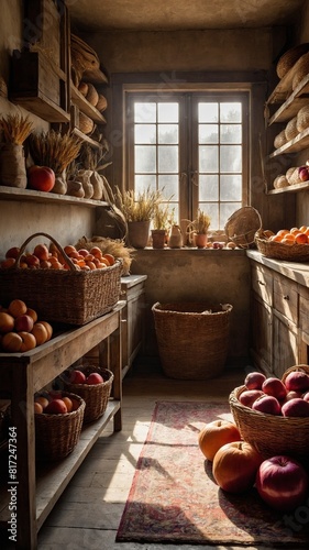 Warm sunlight filters through window  bathing rustic pantry room in cozy glow. Shelves lined with baskets of fresh bread.