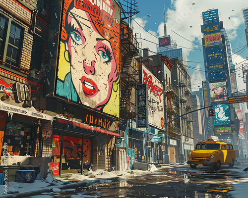 Craft a visually striking scene inspired by the Pop Art movement with unexpected angles revealing comic book panels integrated into real-life urban settings photo