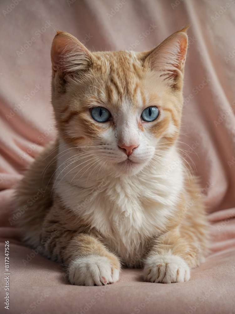 Serene orange, white cat with striking blue eyes comfortably resting on soft pink fabric, exuding sense of calm, curiosity. Felines gaze directed towards viewer, giving impression of attentiveness. Serene orange, white cat with striking blue eyes comfortably resting on soft pink fabric, exuding sense of calm, curiosity. Felines gaze directed towards viewer, giving impression of attentiveness.