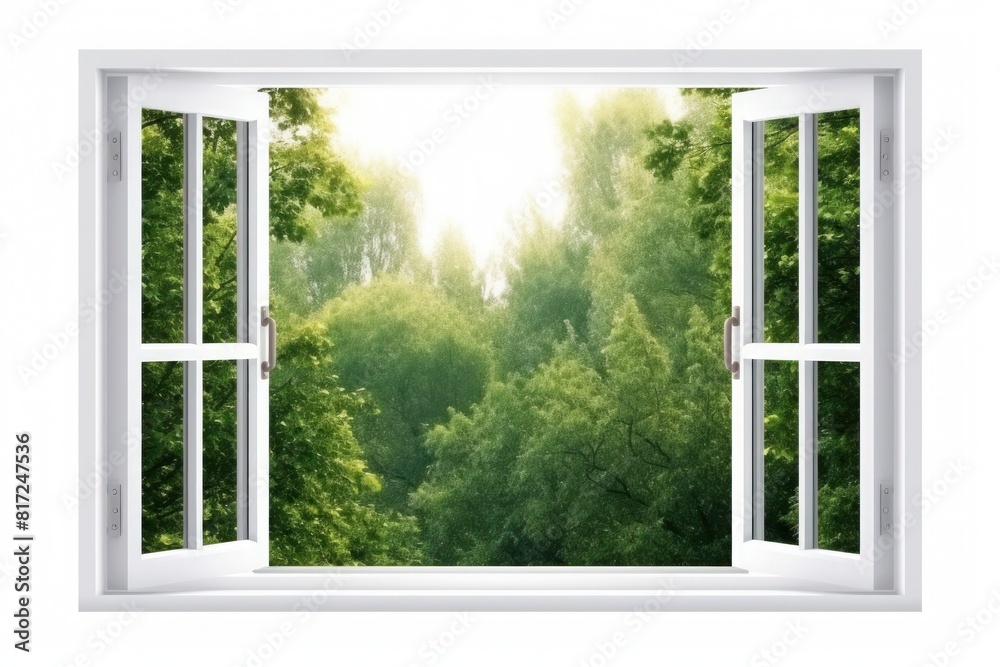 Mockup of an open window overlooking lush forest isolated on white background