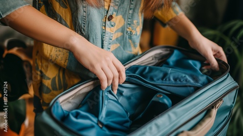 Young woman packing suitcase enjoying summer vacation