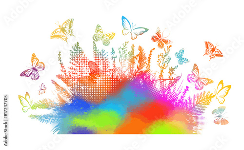 colored silhouette of grass and leaves with butterflies. Hand drawing. Not AI. Vector illustration