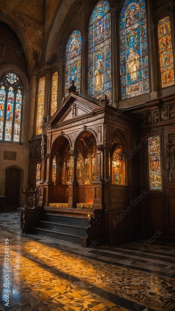 Obraz premium Sunlight bathes church interior, illuminating intricate patterns on floor. An elaborately carved wooden pulpit stands prominently. Stained glass windows depict religious scenes in vibrant colors.