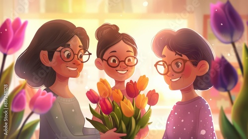 Happy Women s Day A little girl joyfully surprises her mom and grandma with vibrant tulip flowers sparking smiles and warm hugs all around celebrating the bond of family on this special occ photo