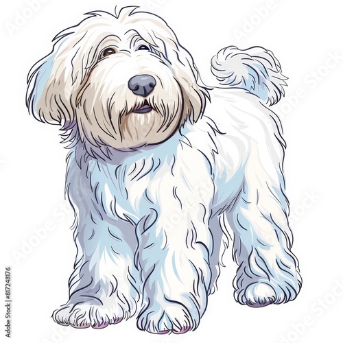 Komondor dog standing on white background, cartoon style sketch with unique coat texture