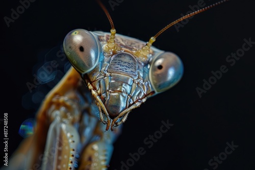 Colorful mantis head close-up macro shot. Beautiful insect on black background © EarthWalker