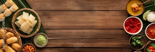 Wallpaper Mural An overhead view of various Asian dishes and snacks arranged neatly on a wooden surface Torontodigital.ca