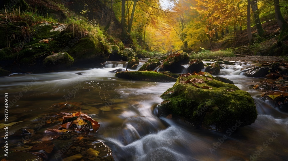 A peaceful river flowing through a tranquil forest A peaceful river flowing through a tranquil forest
