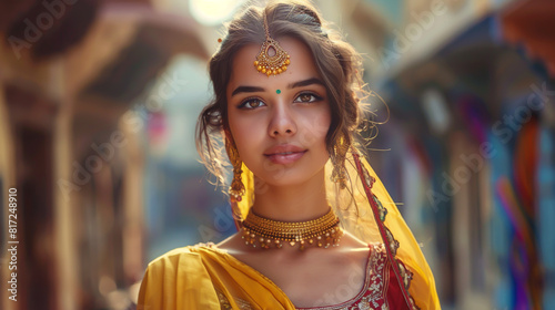 a stunning Indian woman adorned in traditional attire, showcasing her radiant brown hair. © HillTract