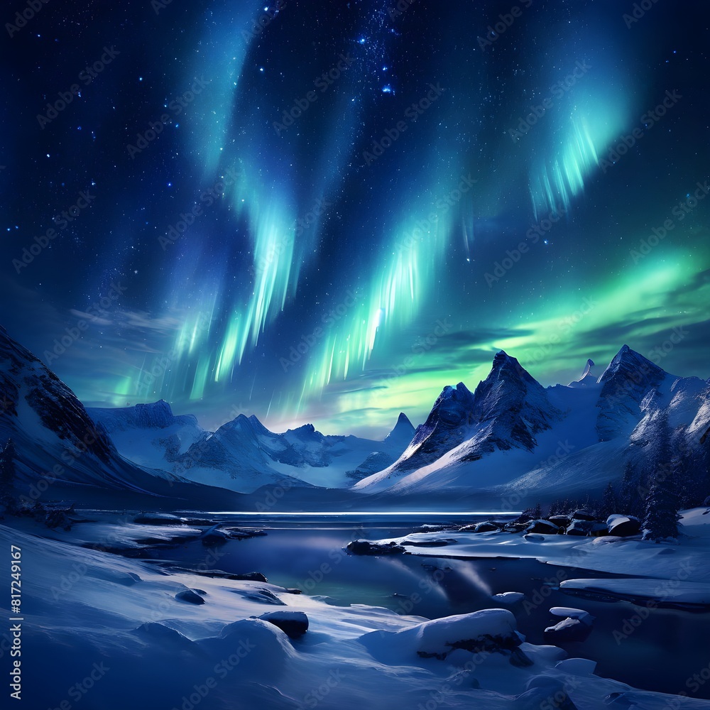 Aurora dancing above snow capped Mountains 