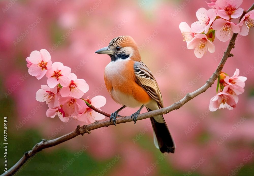Fictional exotic bird perched on a blooming branch. Fictional exotic bird perched on a blooming branch.