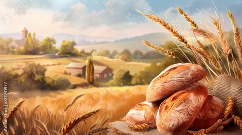 A painting depicting a wheat field with freshly baked bread on it, showcasing the connection between agriculture and food production. Generative AI photo