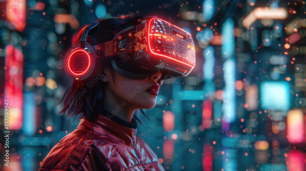 Young woman wearing virtual or augmented reality headset in abstract digital space Young woman wearing virtual or augmented reality headset in abstract digital space