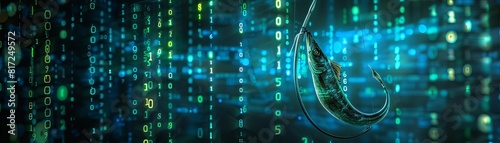 Phishing attack concept with a fish hook and binary code, cybersecurity, dark background, digital illustration photo