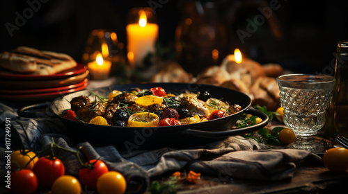 Vegetable Ratatouille in frying pan on a wooden table. photo