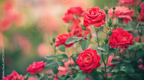 Background of vibrant red roses with a selective focus