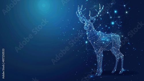 Christmas deer. Low-poly design of interconnected lines and dots. Blue background.