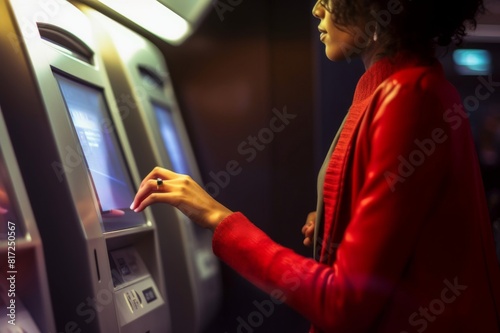 Unrecognizable businesswoman withdrawing money from cash machine photo