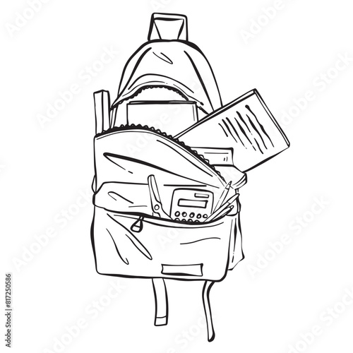 This black and white drawing showcases a detailed depiction of a classic backpack. The intricate design highlights the various straps, compartments, and zippers typical of this functional accessory.