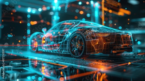 Futuristic car service, scanning, auto data analysis, Scanning a car in a hologram in HUD style, Automotive diagnostics in digital futuristic style