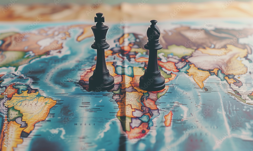 The concept of geopolitics shows two chess pieces placed on a world map, suggesting well-thought-out international strategies and maneuvers. The concept of geopolitics shows two chess pieces placed on a world map, suggesting well-thought-out international strategies and maneuvers.