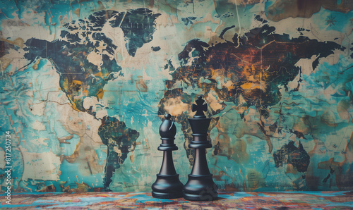 The concept of geopolitics shows two chess pieces placed on a world map, suggesting well-thought-out international strategies and maneuvers. photo