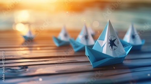 Blue Paper Boat Leading A Fleet Of Small White Boats With Compass Icon On Wooden Table With Sunlight - Leadership Concept realistic
