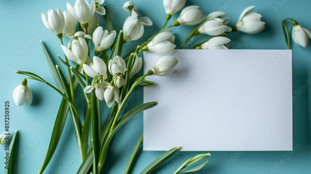 Blank white card surrounded by delicate white snowdrop flowers on a textured blue background, perfect for invitations, greetings, or announcements. Summer and spring banner concept. Blank white card surrounded by delicate white snowdrop flowers on a textured blue background, perfect for invitations, greetings, or announcements. Summer and spring banner concept.