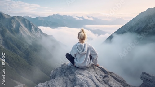 Solo traveler woman sitting on mountain peak while looking at mountain view with calm and peaceful scene. Adventure and wanderlust concept. Serene nature landscape for poster, and inspiration. AIG35.