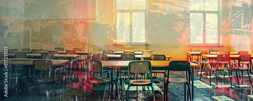 An empty classroom with chairs and desks arranged in rows. The room is lit by the sun shining through the windows.